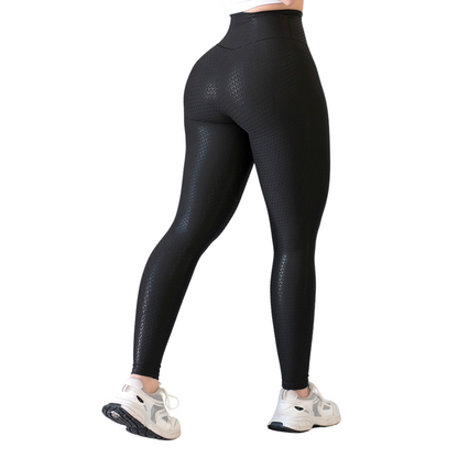 Leggings Deportivos para Mujer Fitness:  Efecto Básico, Cintura Alta, Textil Lycra Transpirable con Destellos Reflectantes✨ y Relieves Y, Color Negro | Adriana Olimpo