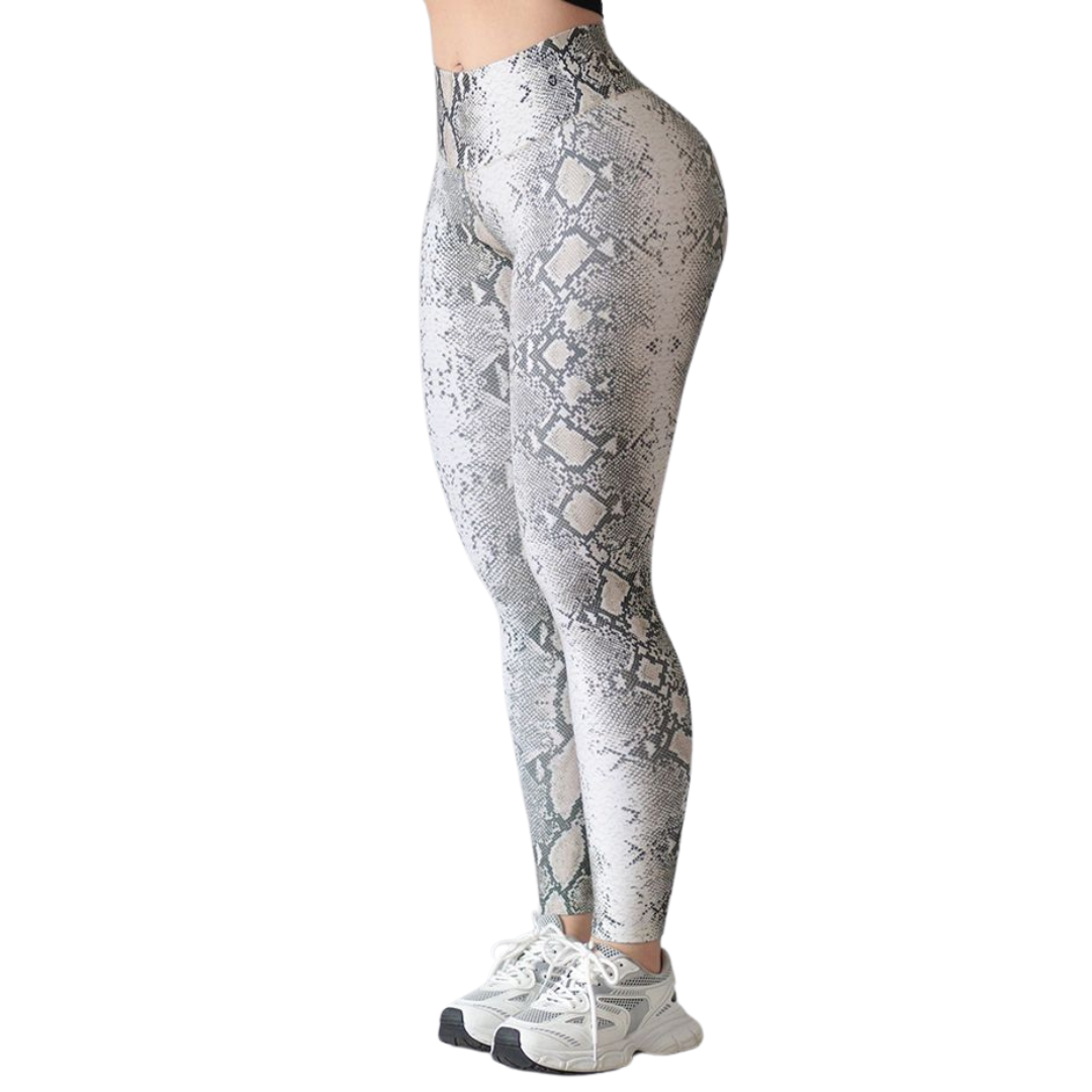 Leggings Deportivos para Mujer Fitness: Efecto Push Up, Cintura Alta, Textil Lycra Transpirable con Acabado Liso, Beige Reptil  | Adriana Olimpo