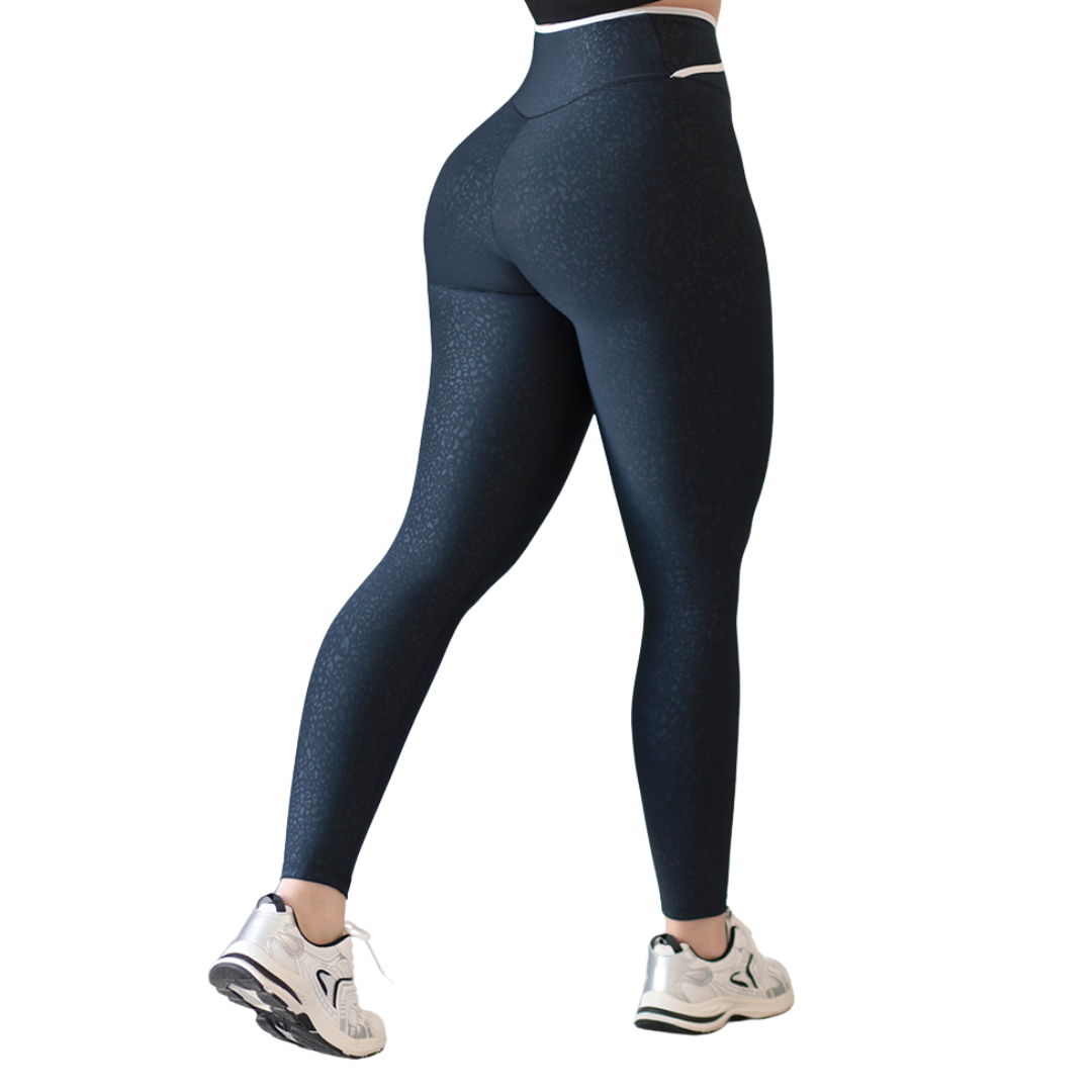 Leggings Deportivos para Mujer Fitness:  Efecto Básico, Cintura Alta, Textil Lycra Transpirable con Relieves de Print, Color Azul Marino | Adriana Olimpo