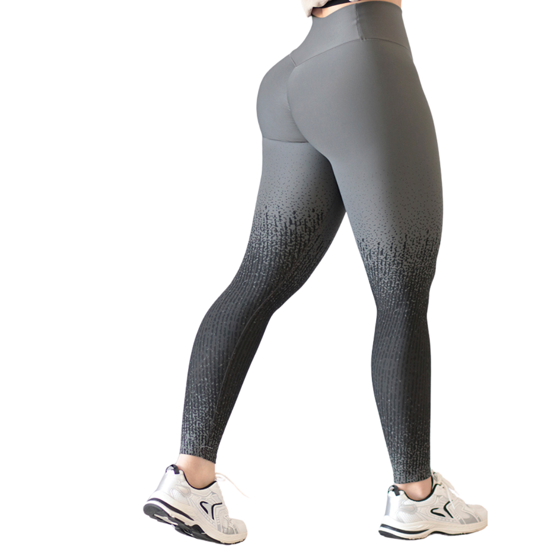 Leggings Deportivos para Mujer Fitness: Efecto Push Up, Cintura Alta, Textil Lycra Transpirable con Acabado Liso Degradado Puntitos, Color Gris-Negro | Adriana Olimpo