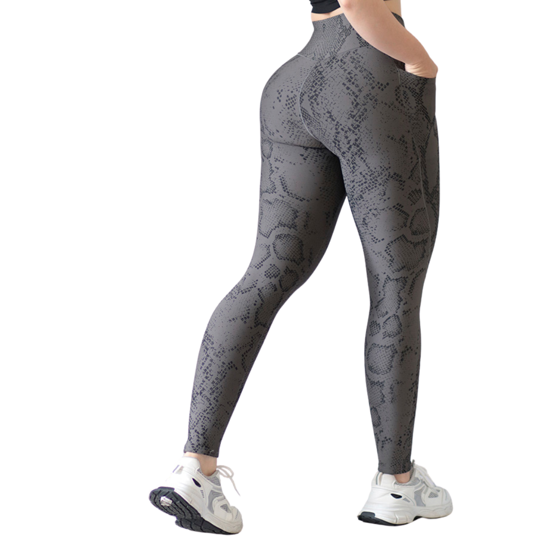 Leggings Deportivos para Mujer Fitness: Efecto Básico, Cintura Alta, Con Bolsillos Laterales, Textil Lycra Transpirable con Acabado Liso Reptil, Color Gris | Adriana Olimpo