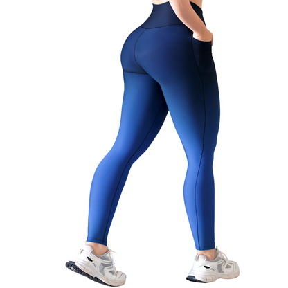 Leggings Deportivos para Mujer Fitness: Efecto Básico, Cintura Alta, Con Bolsillos Laterales, Textil Lycra Transpirable con Acabado Liso, Color Azul Degradado | Adriana Olimpo