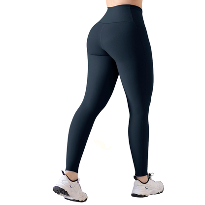 Leggings Deportivos para Mujer Fitness: Efecto Básico, Cintura Alta, Con Bolsillos Laterales, Textil Lycra Transpirable con Relieve de Lineas, Color Azul | Adriana Olimpo