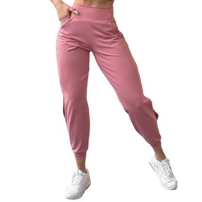 Pans Deportivos para Mujer Fitness: Efecto Básico, Cintura Alta, Con Bolsillos Laterales, Textil Lycra Transpirable con Acabado Liso, Color Palo de Rosa | Adriana Olimpo