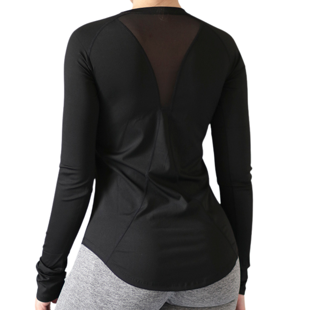 Blusa Deportiva para Mujer Fitness: Manga Larga, Textil Lycra Transpirable con Acabado Liso, Color Negro | Adriana Olimpo