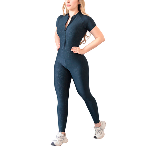 Enterizo Deportivo Corto para Mujer Fitness: Efecto Basico, Manga Corta, Transpirable, Textil Texturizado, Color Azul | Adriana Olimpo