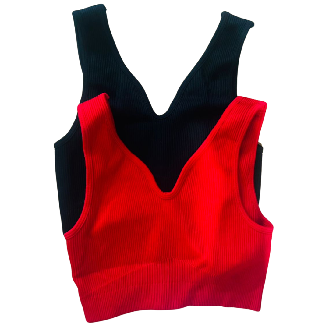 Top para Mujer Fitness: Efecto Alto Impacto, Textil Liso, Transpirable, Rojo/Negro Duo | Adriana Olimpo