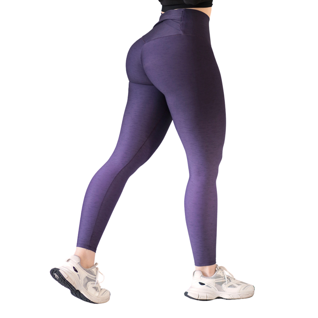 Leggings Deportivos para Mujer Fitness: Efecto Push Up, Cintura Alta, Textil Lycra Transpirable con Acabado Liso Jaspe, Color Morado Degradado | Adriana Olimpo