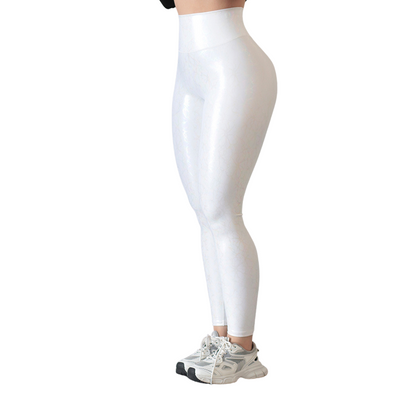 Leggings Deportivos para Mujer Fitness:  Efecto Básico, Cintura Alta, Textil Lycra Transpirable con Destellos Reflectantes✨ y Relieves Tornasol, Color Blanco | Adriana Olimpo