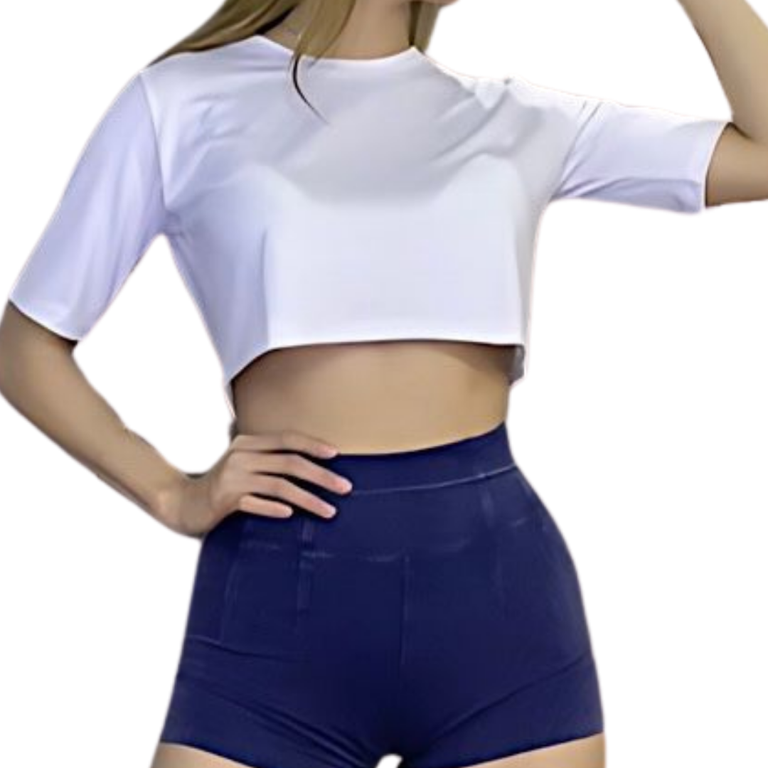 Blusa para Mujer Fitness: Manga Corta, Cuello Redondo, Textil Lycra Transpirable Acabado Liso, Color Blanca | Adriana Olimpo