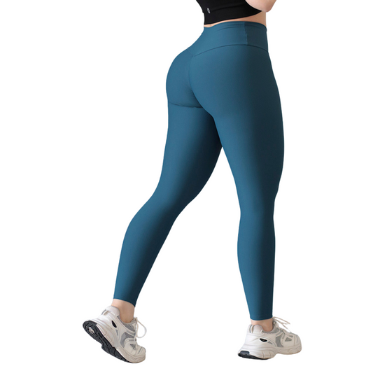 Leggings Deportivos para Mujer Fitness:  Efecto Push Up, Cintura Alta, Textil Lycra Transpirable con Relieves de Líneas, Color Azul Botella | Adriana Olimpo