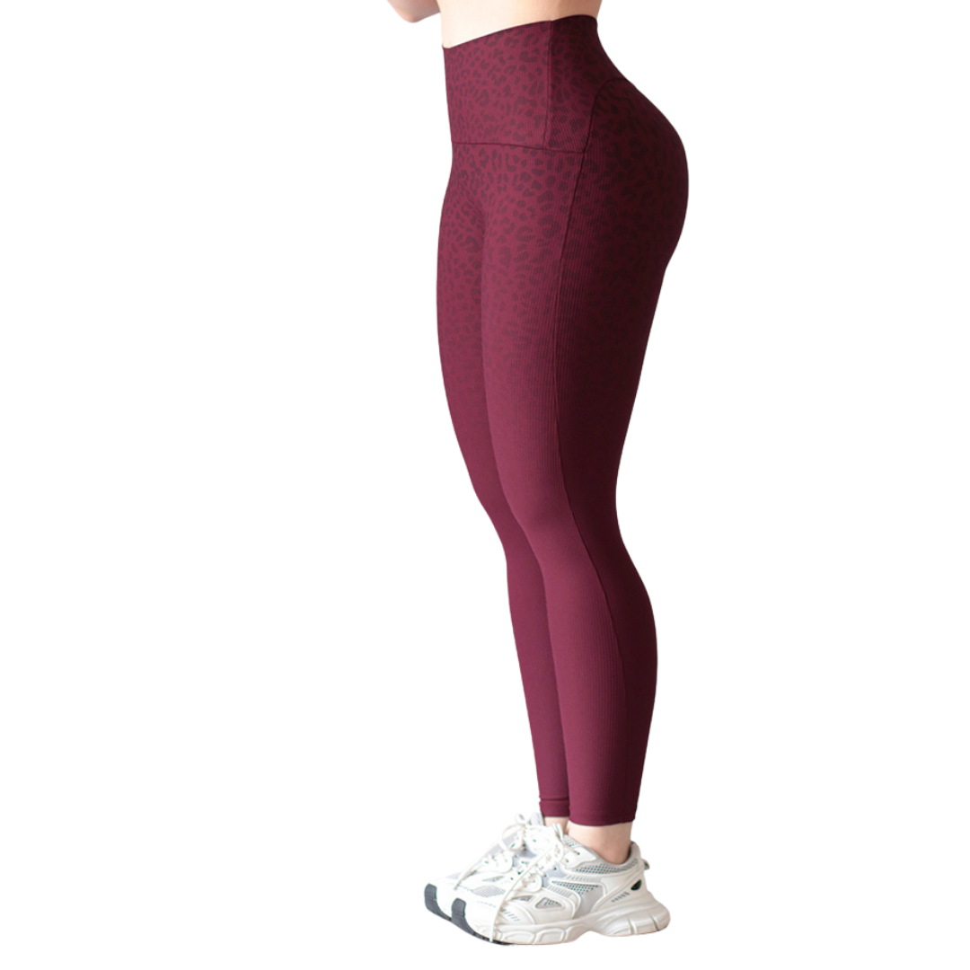 Leggings Deportivos para Mujer Fitness:  Efecto Básico, Cintura Alta, Textil Lycra Transpirable con Relieves Lineas, Color Tinto Leopardo | Adriana Olimpo