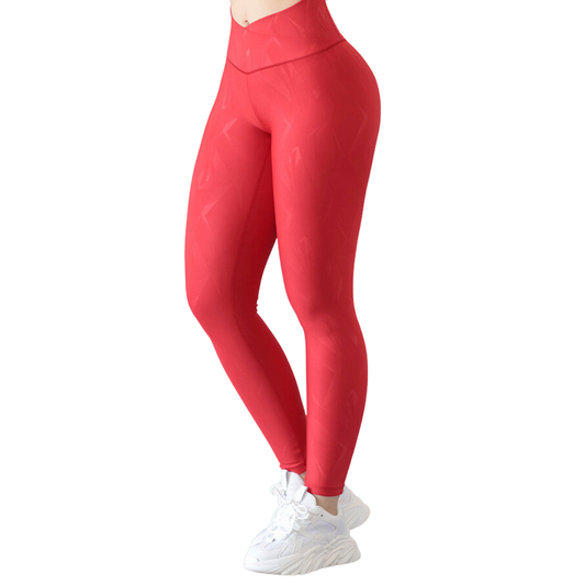 Leggings Deportivos para Mujer Fitness: Efecto Básico, Cintura Alta, Textil Lycra Transpirable Texturizado con Relieves Asimétrico, Color Rojo | Adriana Olimpo