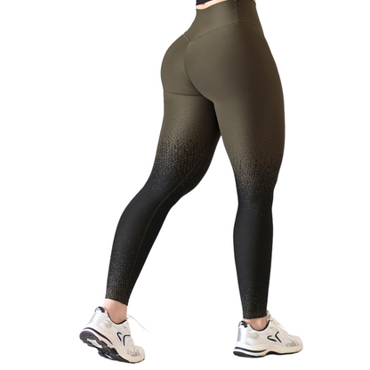 Leggings Deportivos para Mujer Fitness: Efecto Push Up, Cintura Alta, Textil Lycra Transpirable con Acabado Liso Degradado Puntitos, Color Olivo-Negro | Adriana Olimpo