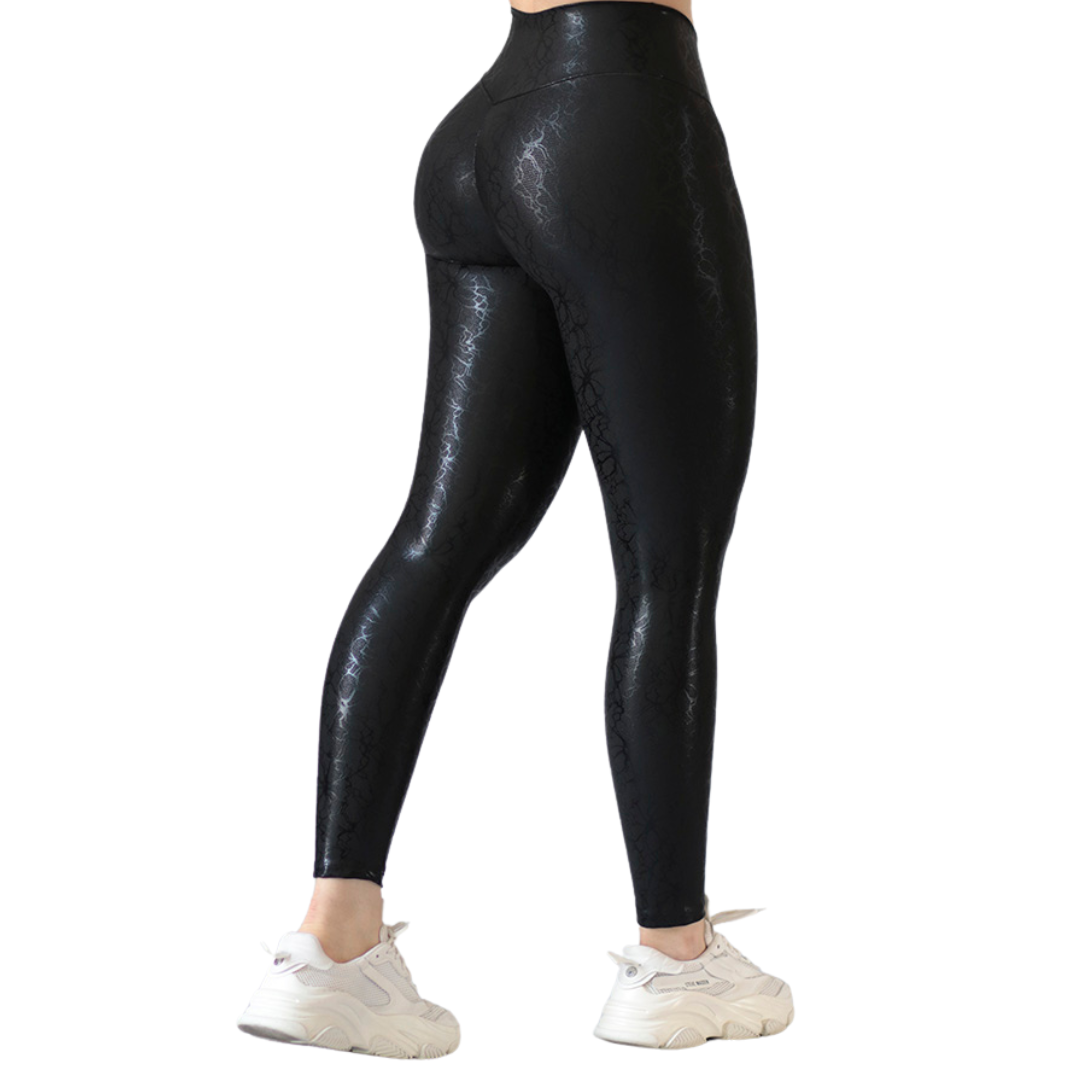 Leggings Deportivos para Mujer Fitness:  Efecto Push Up, Cintura Alta, Textil Lycra Transpirable con Destellos Reflectantes✨ y Relieves de Flores, Color Negro | Adriana Olimpo