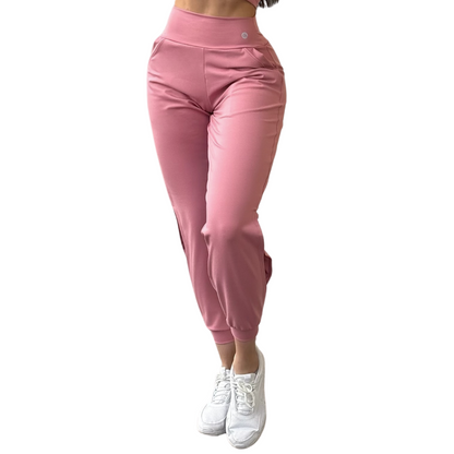 Pans Deportivos para Mujer Fitness: Efecto Básico, Cintura Alta, Con Bolsillos Laterales, Textil Lycra Transpirable con Acabado Liso, Color Palo de Rosa | Adriana Olimpo