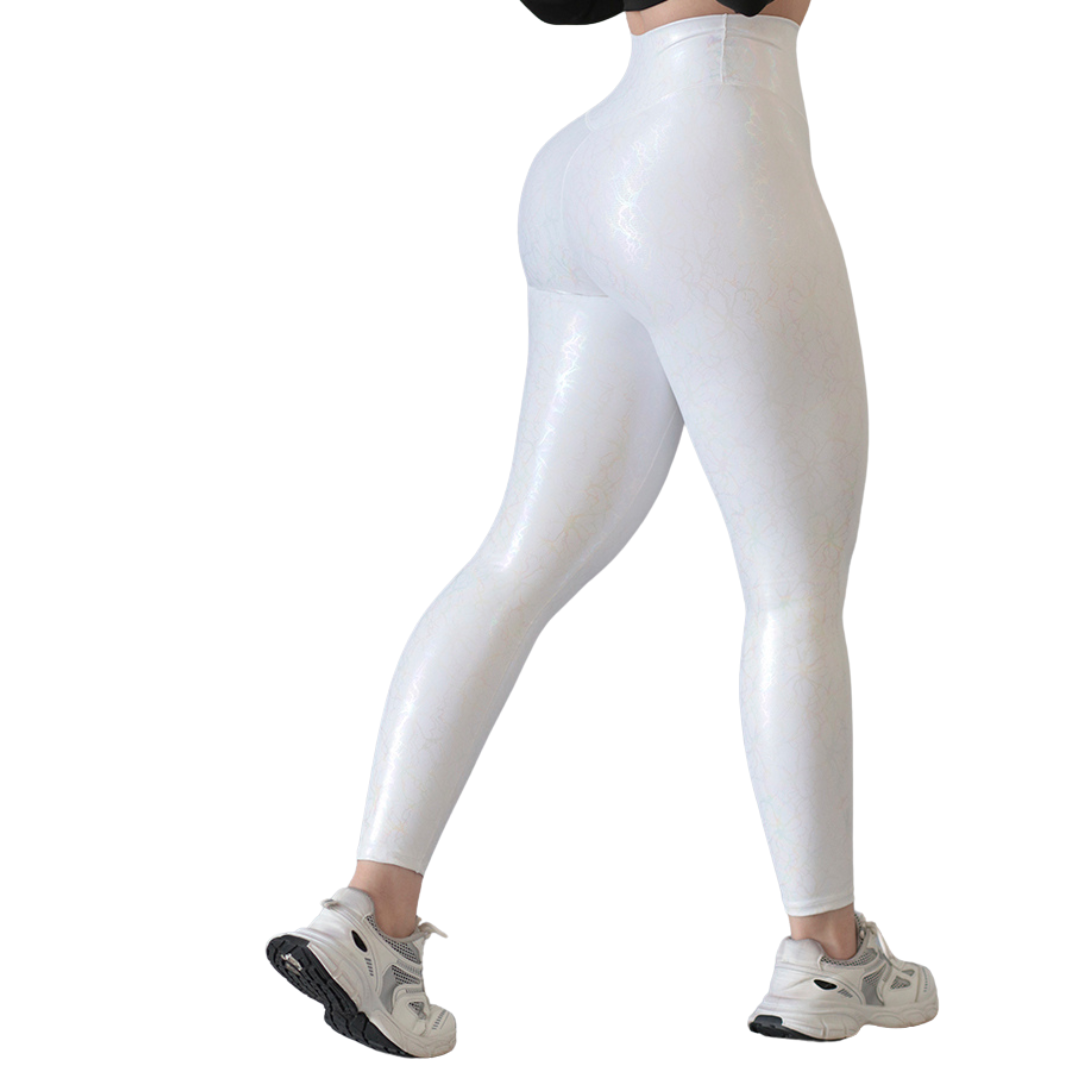 Leggings Deportivos para Mujer Fitness:  Efecto Básico, Cintura Alta, Textil Lycra Transpirable con Destellos Reflectantes✨ y Relieves Tornasol, Color Blanco | Adriana Olimpo