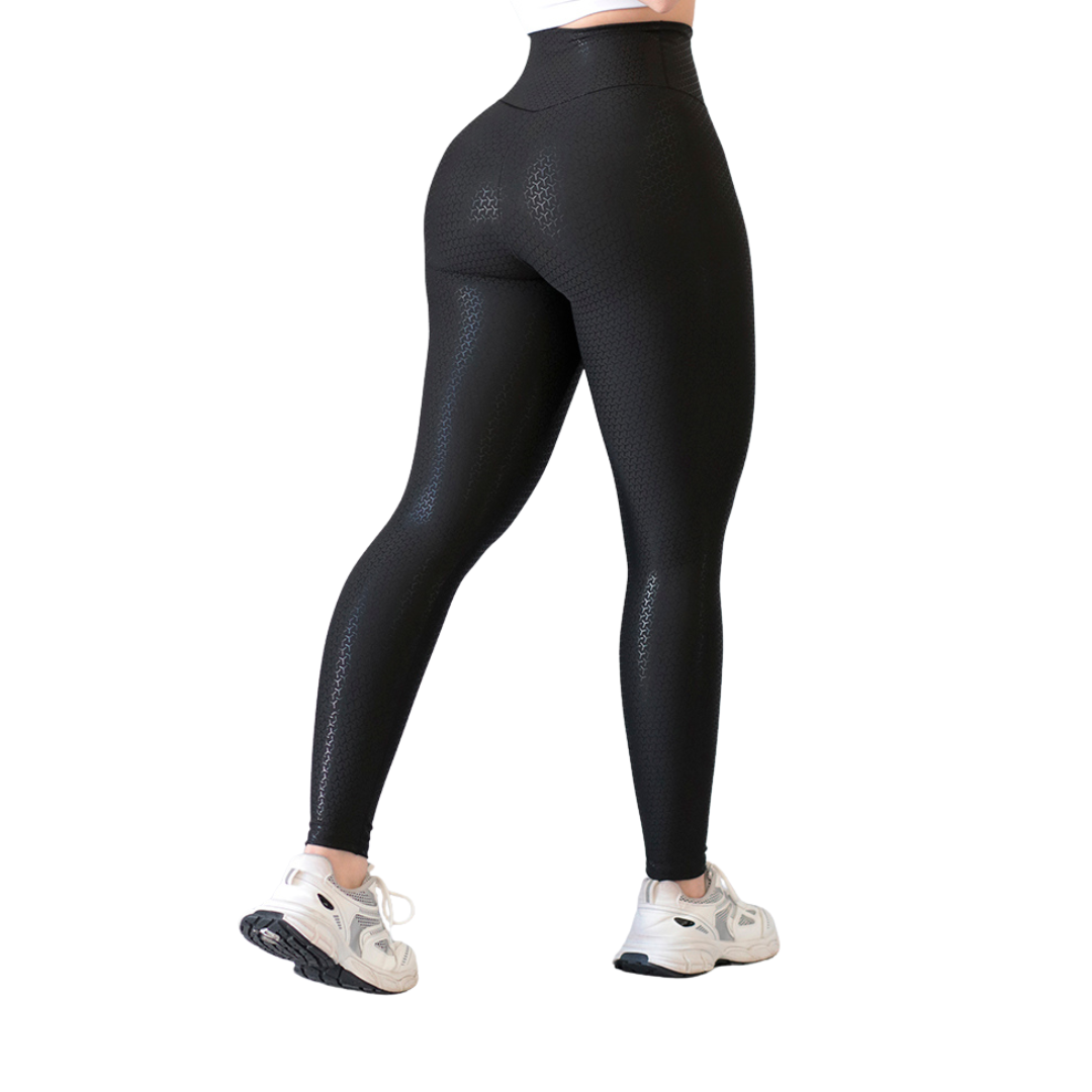 Leggings Deportivos para Mujer Fitness:  Efecto Básico, Cintura Alta, Textil Lycra Transpirable con Destellos Reflectantes✨ y Relieves Y, Color Negro | Adriana Olimpo