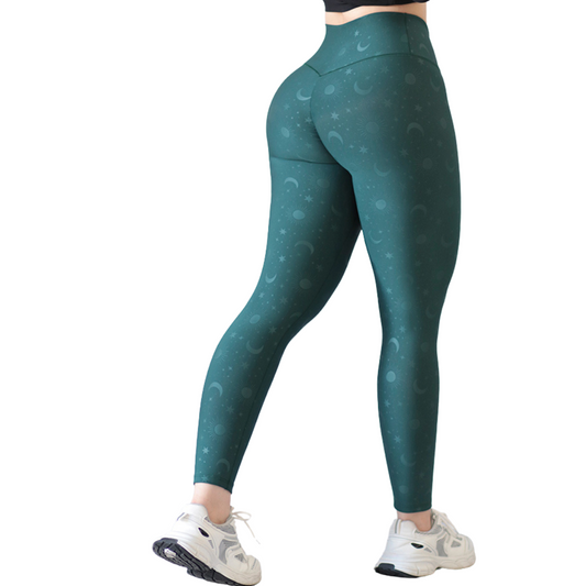 Leggings Deportivos para Mujer Fitness: Efecto Push Up, Cintura Alta, Textil Lycra Transpirable Texturizado con Relieves de Lunas, Color Verde | Adriana Olimpo