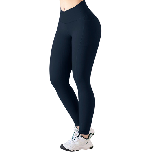 Leggings Deportivos para Mujer Fitness: Efecto Básico, Cintura Alta, Con Bolsillos Laterales, Textil Lycra Transpirable con Relieve de Lineas, Color Azul | Adriana Olimpo