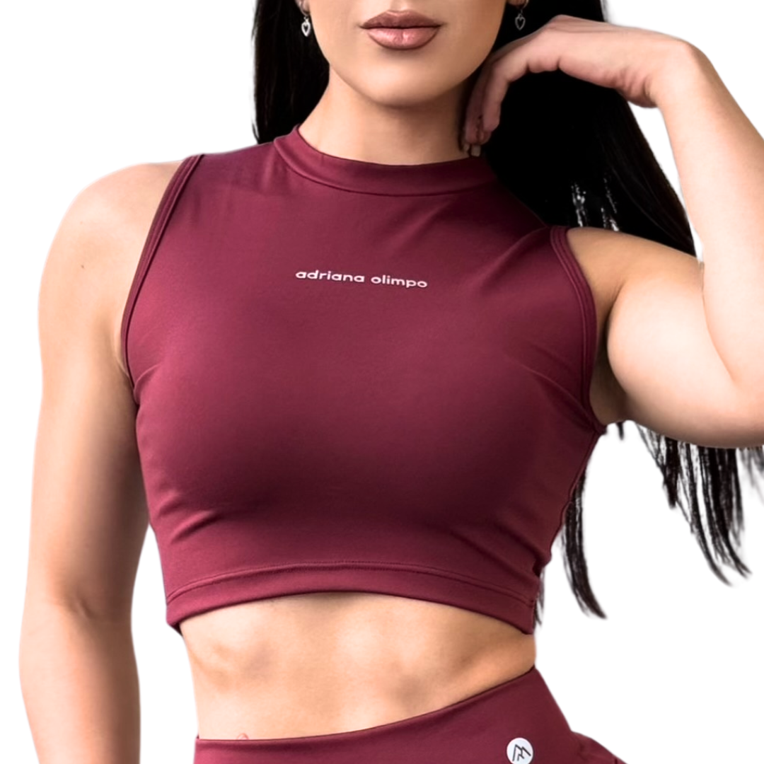 Blusa para Mujer Fitness: Sin Manga, Cuello Redondo, Textil Lycra Transpirable Acabado Liso, Color Vino| Adriana Olimpo