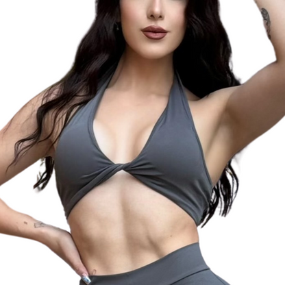 Top para Mujer Fitness: Twist Alto Impacto, Textil Liso, Transpirable, Color Gris Claro| Adriana Olimpo