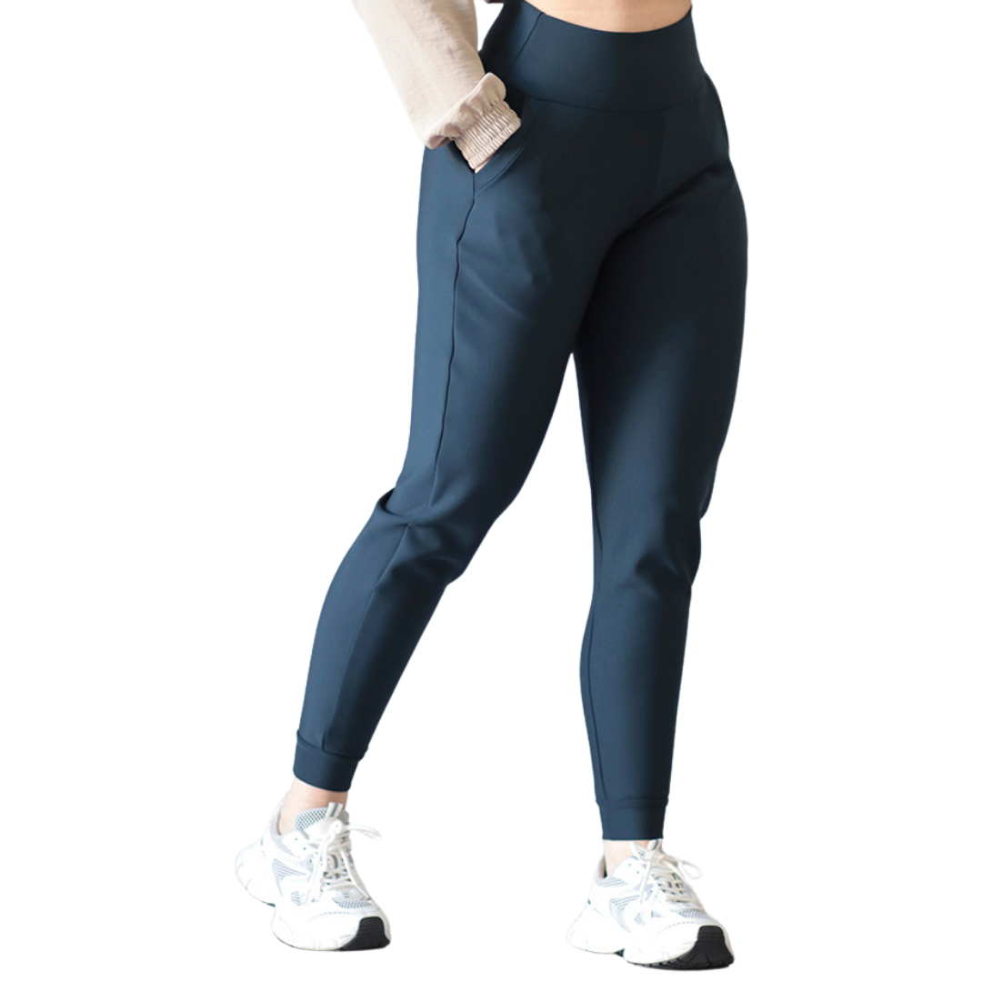 Pans Deportivos para Mujer Fitness: Efecto Básico, Cintura Alta, Con Bolsillos Laterales, Textil Lycra Transpirable con Acabado Liso, Color Azul Poe | Adriana Olimpo