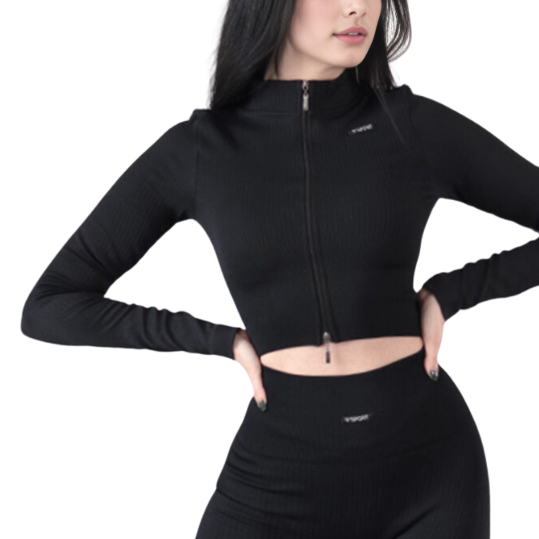 Chamarra Deportiva para Mujer Fitness: Manga Larga, Textil Lycra Transpirable con Acabado Texturizado, Color Negro | Adriana Olimpo.