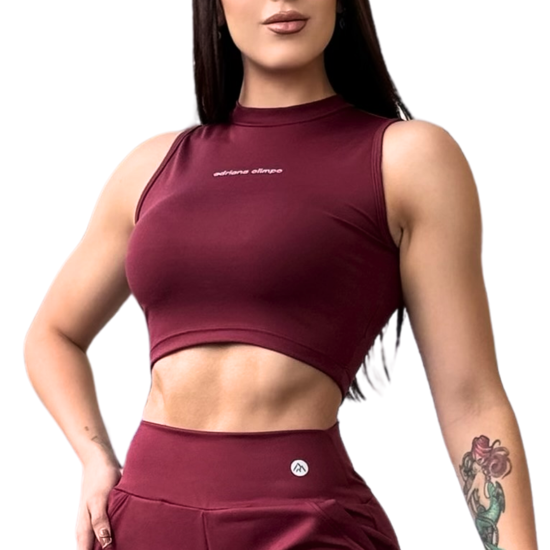 Blusa para Mujer Fitness: Sin Manga, Cuello Redondo, Textil Lycra Transpirable Acabado Liso, Color Vino| Adriana Olimpo