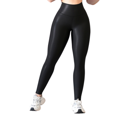 Leggings Deportivos para Mujer Fitness:  Efecto Básico, Cintura Alta, Textil Lycra Transpirable con Destellos Reflectantes✨ y Relieves Y, Color Negro | Adriana Olimpo