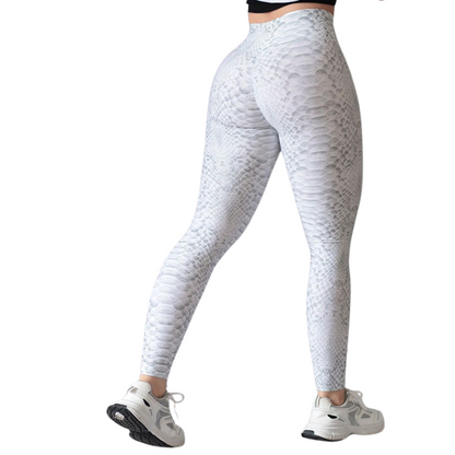 Leggings Deportivos para Mujer Fitness: Efecto Push Up, Cintura Alta, Textil Lycra Transpirable con Acabado Liso Snake, Color Blanco | Adriana Olimpo