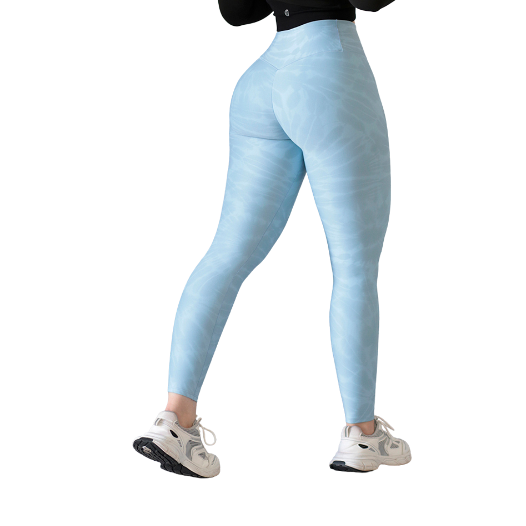 Leggings Deportivos para Mujer Fitness: Efecto Push Up, Cintura Alta, Textil Lycra Transpirable con Acabado Liso Tie Day, Color Celeste | Adriana Olimpo