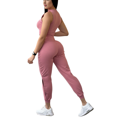 Pans Deportivos para Mujer Fitness: Efecto Básico, Cintura Alta, Con Bolsillos Laterales, Textil Lycra Transpirable con Acabado Liso, Color Palo de Rosa | Adriana Olimpo