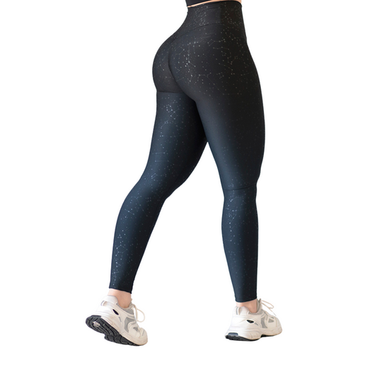 Leggings Deportivos para Mujer Fitness:  Efecto Push Up, Cintura Alta, Textil Lycra Transpirable con Destellos Reflectantes✨ y Relieves de Galaxia, Color Azul Profundo Degradado | Adriana Olimpo