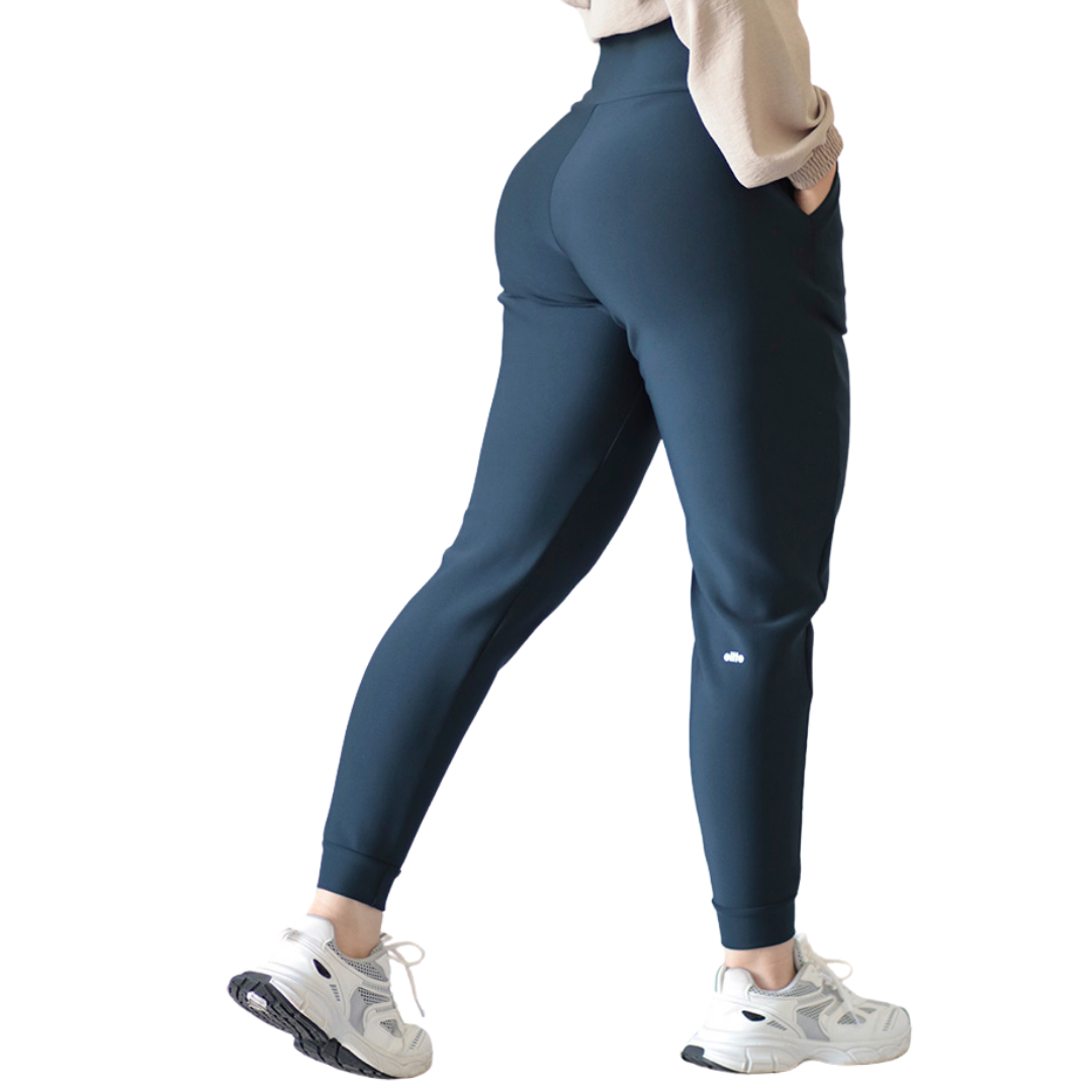 Pans Deportivos para Mujer Fitness: Efecto Básico, Cintura Alta, Con Bolsillos Laterales, Textil Lycra Transpirable con Acabado Liso, Color Azul Poe | Adriana Olimpo