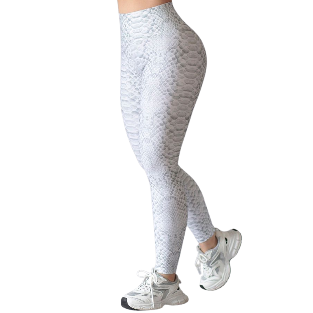 Leggings Deportivos para Mujer Fitness: Efecto Push Up, Cintura Alta, Textil Lycra Transpirable con Acabado Liso Snake, Color Blanco | Adriana Olimpo