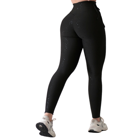 Leggings Deportivos para Mujer Fitness:  Efecto Push Up, Cintura Alta, Textil Lycra Transpirable con Destellos Reflectantes✨ y Relieves Estelar, Color Negro | Adriana Olimpo