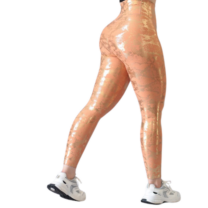 Leggings Deportivos para Mujer Fitness: Efecto Básico, Cintura Alta, Textil Lycra Transpirable con Destellos Reflectantes✨ y Relieves, Color Oro | Adriana Olimpo