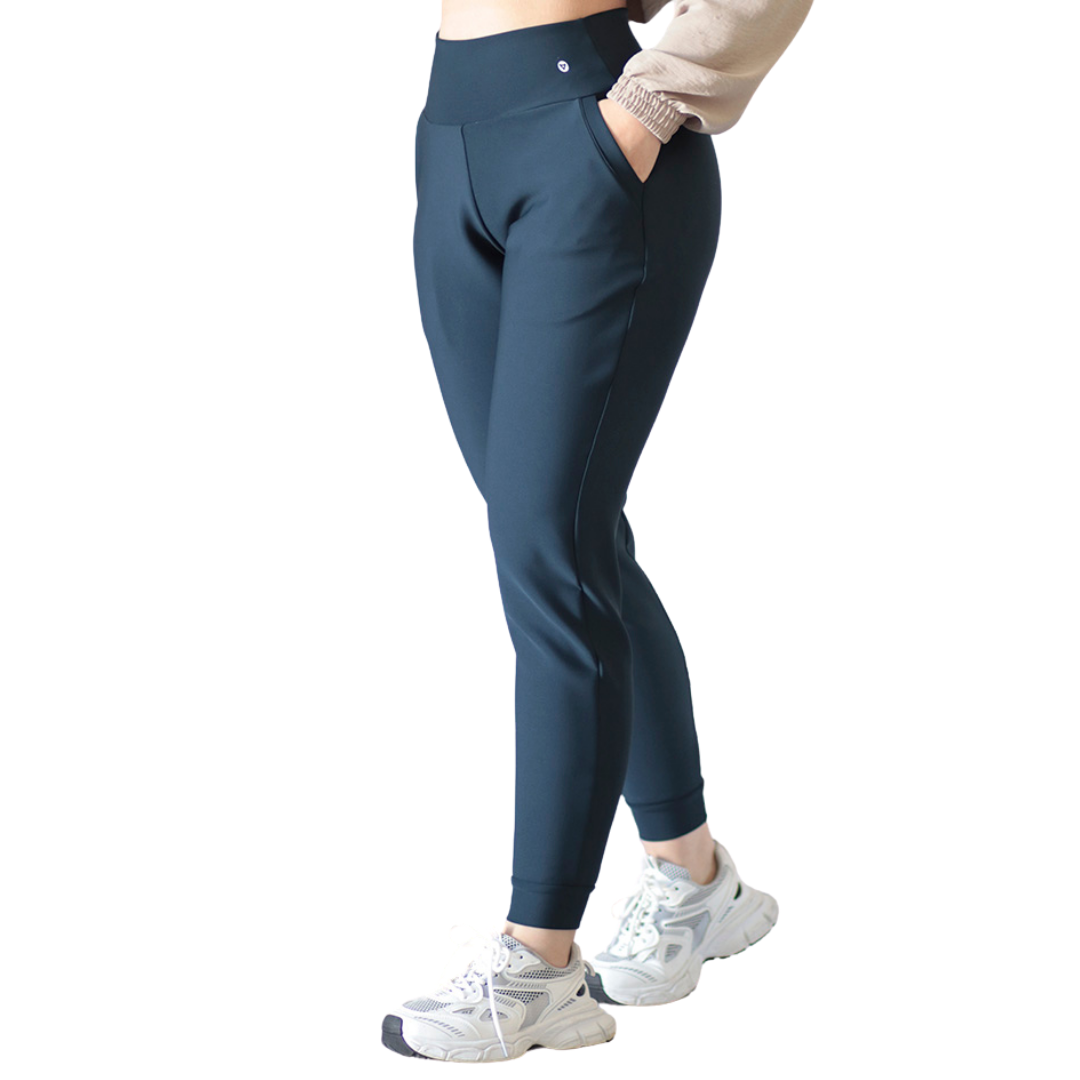 Pans Deportivos para Mujer Fitness: Efecto Básico, Cintura Alta, Con Bolsillos Laterales, Textil Lycra Transpirable con Acabado Liso, Color Azul Poe | Adriana Olimpo