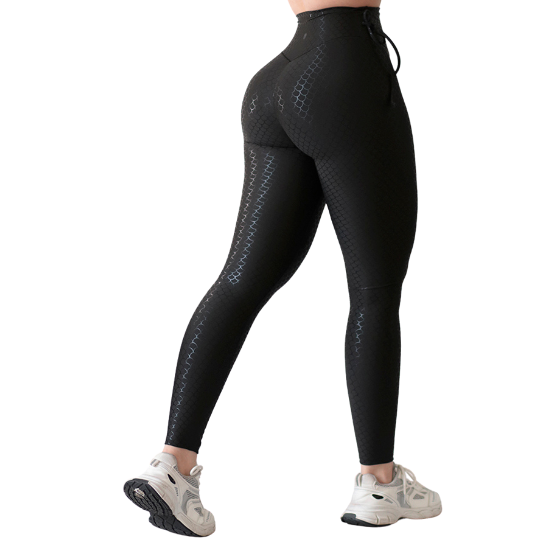 Leggings Deportivos para Mujer Fitness:  Efecto Push Up, Cintura Alta, Textil Lycra Transpirable con Destellos Reflectantes✨ y Relieves Sirena, Color Negrol  | Adriana Olimpo