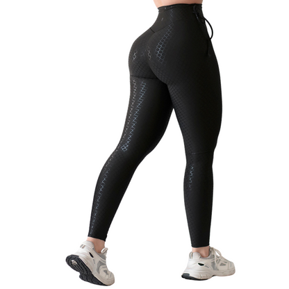 Leggings Deportivos para Mujer Fitness:  Efecto Push Up, Cintura Alta, Textil Lycra Transpirable con Destellos Reflectantes✨ y Relieves Sirena, Color Negrol  | Adriana Olimpo