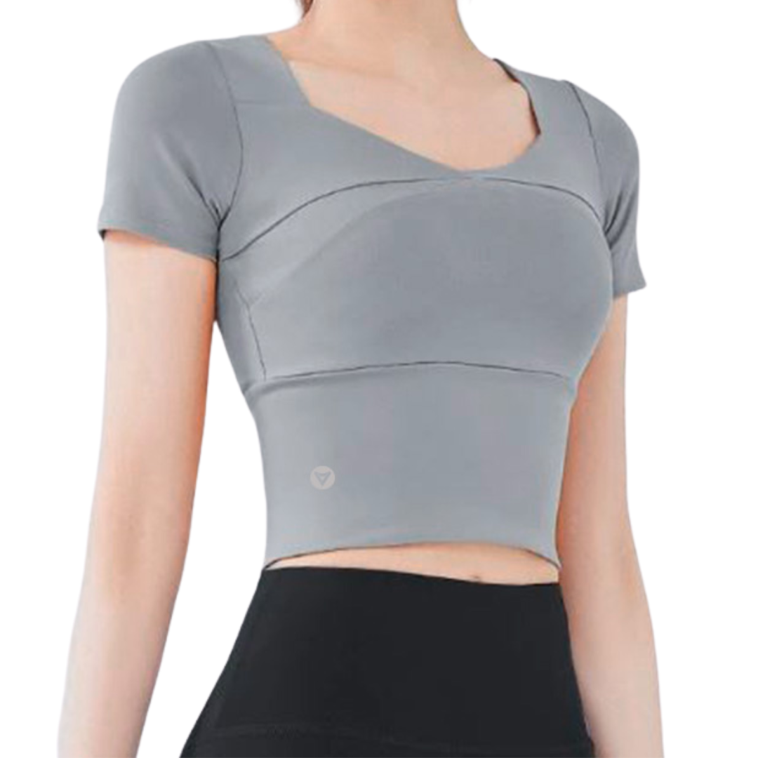 Blusa Deportiva para Mujer Fitness: Manga Corta, Textil Lycra Transpirable con Acabado Liso, Color Gris | Adriana Olimpo