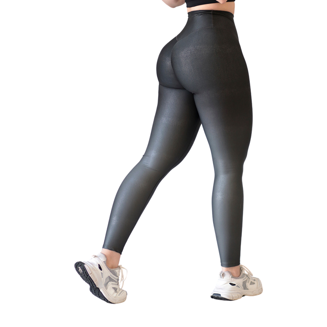 Leggings Deportivos para Mujer Fitness:  Efecto Push Up, Cintura Alta, Textil Lycra Transpirable con Destellos Reflectantes✨ y Relieves Print Cobra, Color Gris Degradado | Adriana Olimpo