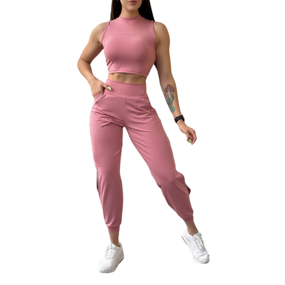 Pans Deportivos para Mujer Fitness: Efecto Básico, Cintura Alta, Con Bolsillos Laterales, Textil Lycra Transpirable con Acabado Liso, Color Palo de Rosa | Adriana Olimpo