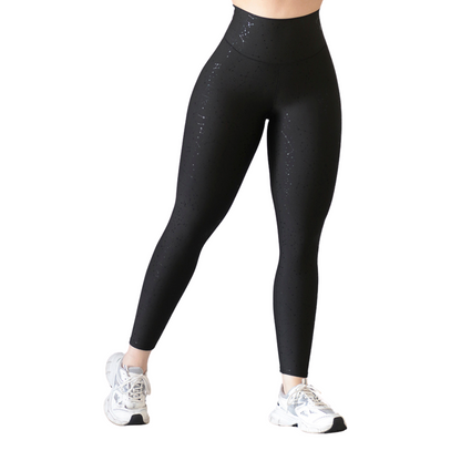 Leggings Deportivos para Mujer Fitness:  Efecto Básico, Cintura Alta, Textil Lycra Transpirable con Destellos Reflectantes✨ y Relieves Estelar, Color Negro | Adriana Olimpo