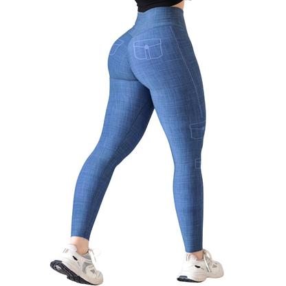 Leggings Deportivos para Mujer Fitness: Efecto Push Up, Cintura Alta, Textil Lycra Transpirable con Acabado Liso, Color Azul Mezclilla | Adriana Olimpo