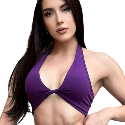 Top para Mujer Fitness: Twist Alto Impacto, Textil Liso, Transpirable, Color Uva | Adriana Olimpo