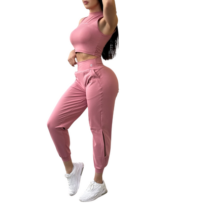 Pans Deportivos para Mujer Fitness: Efecto Básico, Cintura Alta, Con Bolsillos Laterales, Textil Lycra Transpirable con Acabado Liso, Color Palo de Rosa | Adriana Olimpo