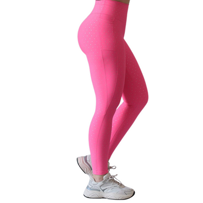 Leggings Deportivos para Mujer Fitness: Efecto Push Up, Cintura Alta, Con Bolsillos Laterales, Textil Lycra Transpirable con Destellos ✨ y Relieves Puntos, Rosa Chicle | Adriana Olimpo