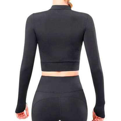 Blusa Deportiva para Mujer Fitness: Manga Corta, Textil Lycra Transpirable con Acabado Liso, Color Negro | Adriana Olimpo.